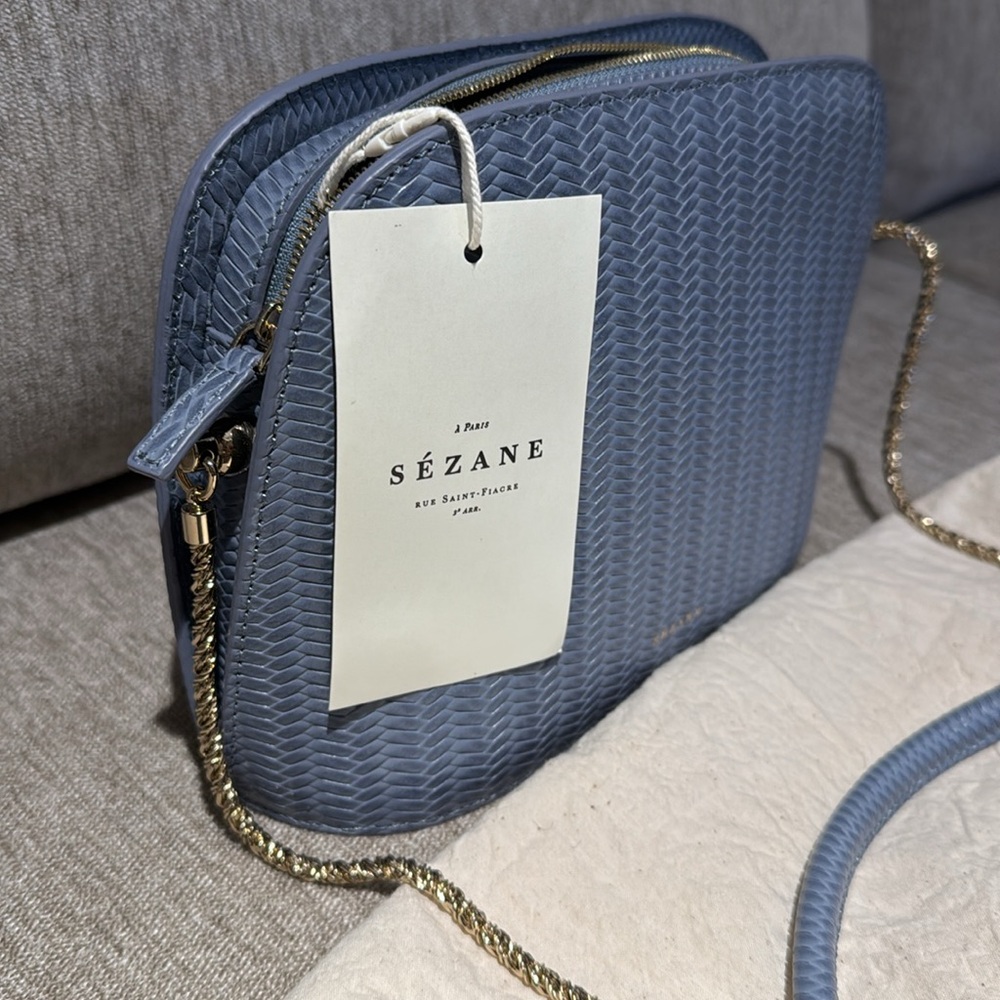 Sézane Blue Textured Shoulder Bag with Gold Chain - Picture 1 of 4